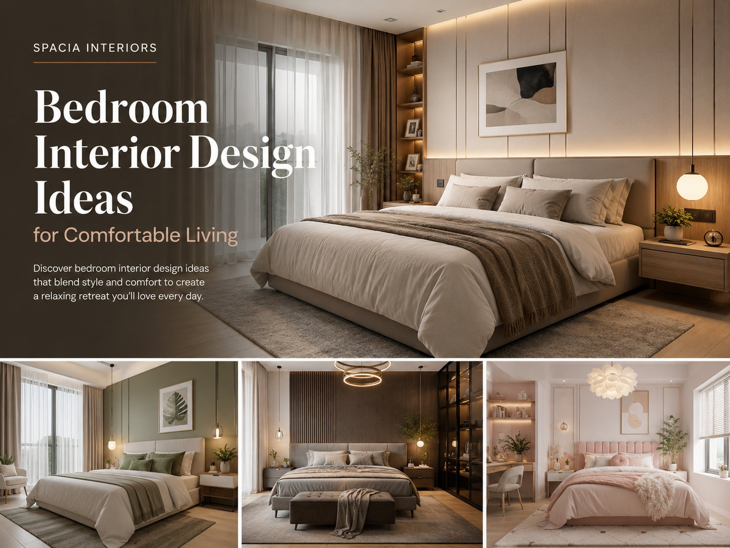 Modern comfortable bedroom interior with stylish furniture and soft lighting