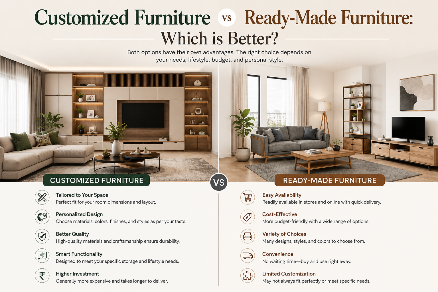 Customized furniture and ready-made furniture comparison in modern home interiors